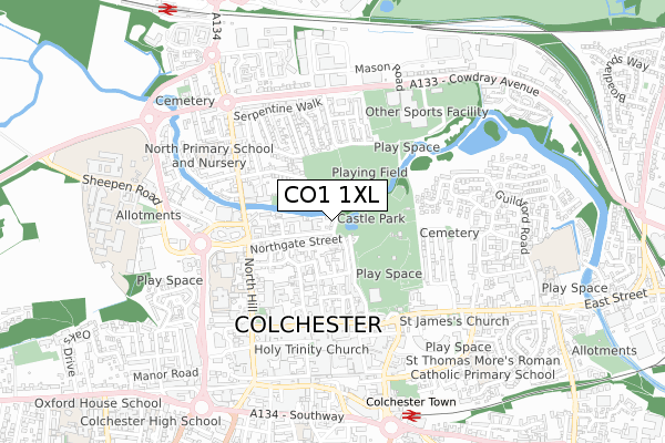 CO1 1XL map - small scale - OS Open Zoomstack (Ordnance Survey)