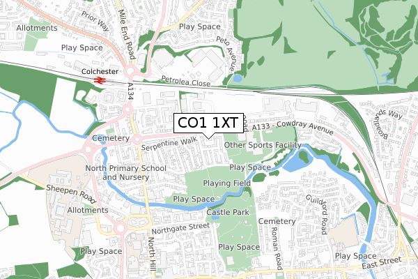 CO1 1XT map - small scale - OS Open Zoomstack (Ordnance Survey)