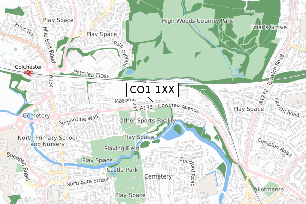 CO1 1XX map - small scale - OS Open Zoomstack (Ordnance Survey)