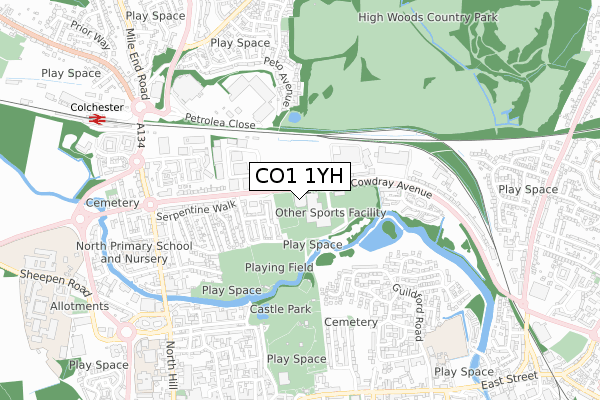 CO1 1YH map - small scale - OS Open Zoomstack (Ordnance Survey)