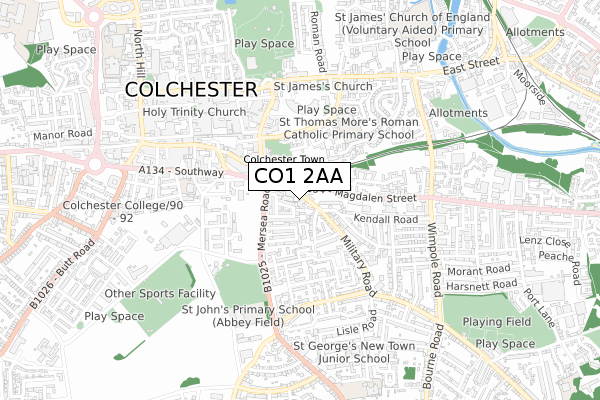 CO1 2AA map - small scale - OS Open Zoomstack (Ordnance Survey)