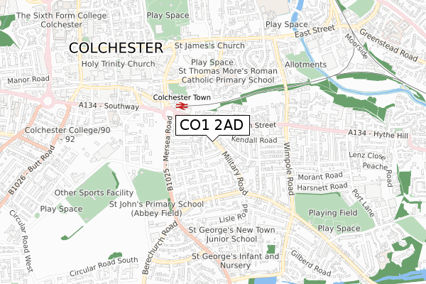CO1 2AD map - small scale - OS Open Zoomstack (Ordnance Survey)