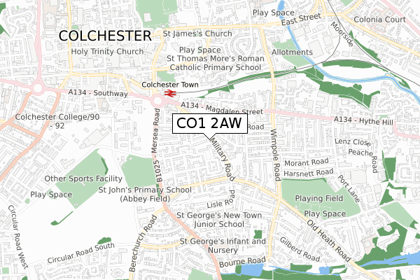 CO1 2AW map - small scale - OS Open Zoomstack (Ordnance Survey)