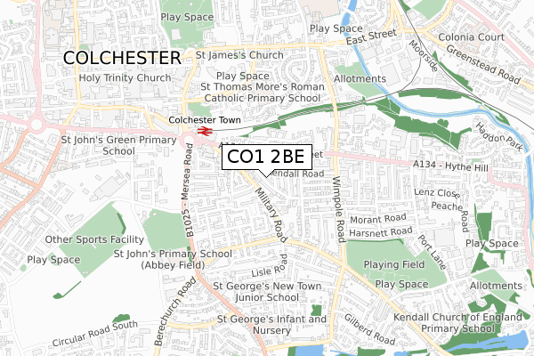 CO1 2BE map - small scale - OS Open Zoomstack (Ordnance Survey)