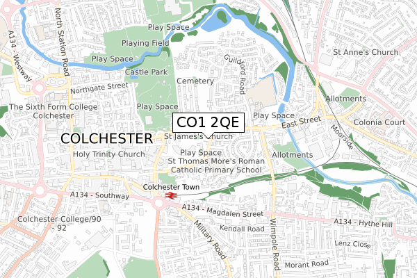 CO1 2QE map - small scale - OS Open Zoomstack (Ordnance Survey)
