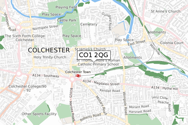 CO1 2QG map - small scale - OS Open Zoomstack (Ordnance Survey)