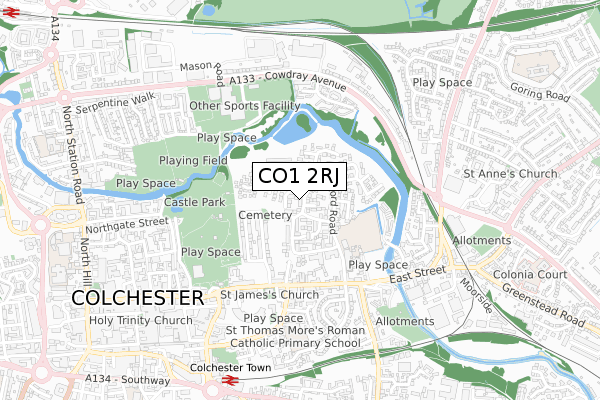 CO1 2RJ map - small scale - OS Open Zoomstack (Ordnance Survey)