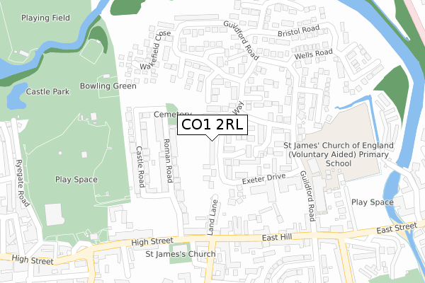 CO1 2RL map - large scale - OS Open Zoomstack (Ordnance Survey)