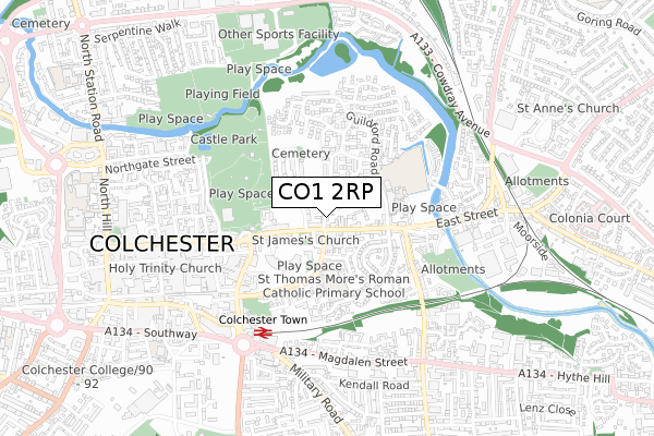 CO1 2RP map - small scale - OS Open Zoomstack (Ordnance Survey)