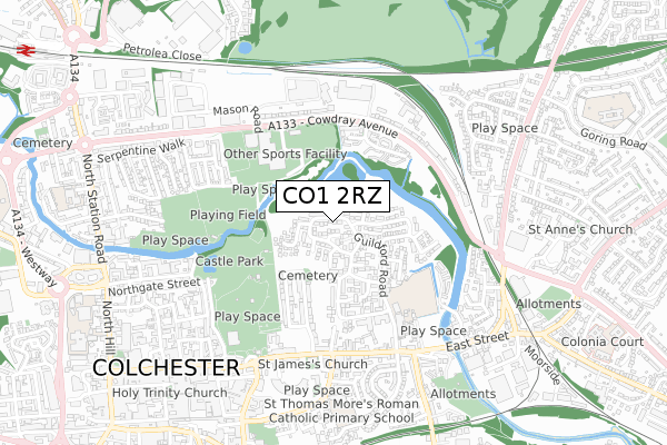 CO1 2RZ map - small scale - OS Open Zoomstack (Ordnance Survey)