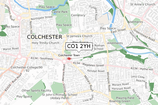 CO1 2YH map - small scale - OS Open Zoomstack (Ordnance Survey)