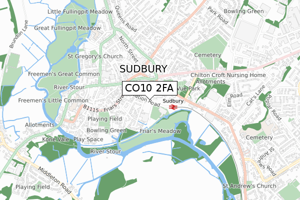 CO10 2FA map - small scale - OS Open Zoomstack (Ordnance Survey)