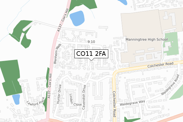 CO11 2FA map - large scale - OS Open Zoomstack (Ordnance Survey)