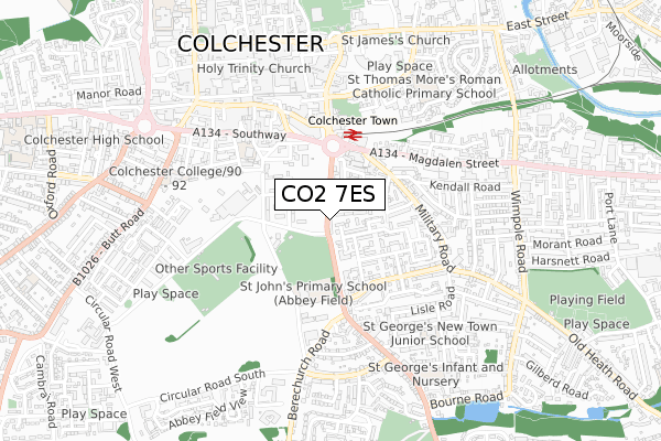 CO2 7ES map - small scale - OS Open Zoomstack (Ordnance Survey)