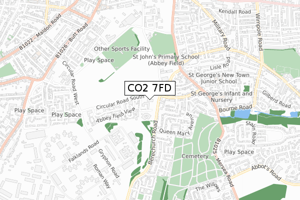 CO2 7FD map - small scale - OS Open Zoomstack (Ordnance Survey)