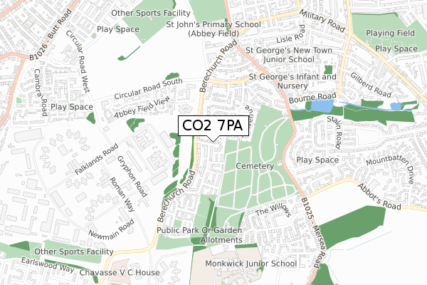 CO2 7PA map - small scale - OS Open Zoomstack (Ordnance Survey)