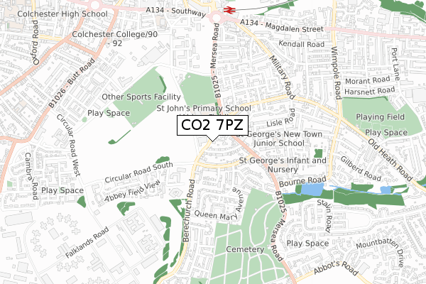 CO2 7PZ map - small scale - OS Open Zoomstack (Ordnance Survey)