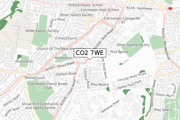 CO2 7WE map - small scale - OS Open Zoomstack (Ordnance Survey)