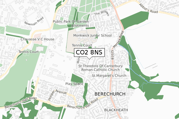 CO2 8NS map - small scale - OS Open Zoomstack (Ordnance Survey)