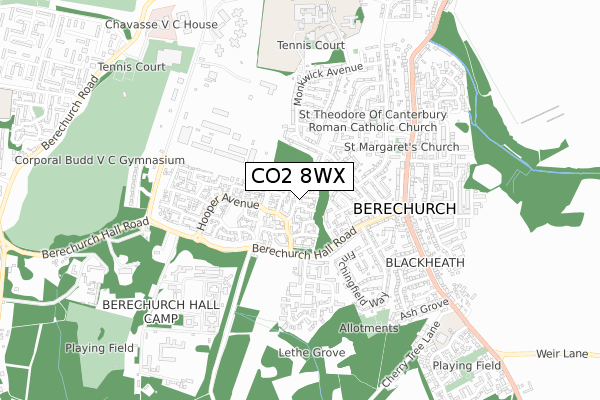 CO2 8WX map - small scale - OS Open Zoomstack (Ordnance Survey)