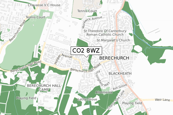 CO2 8WZ map - small scale - OS Open Zoomstack (Ordnance Survey)