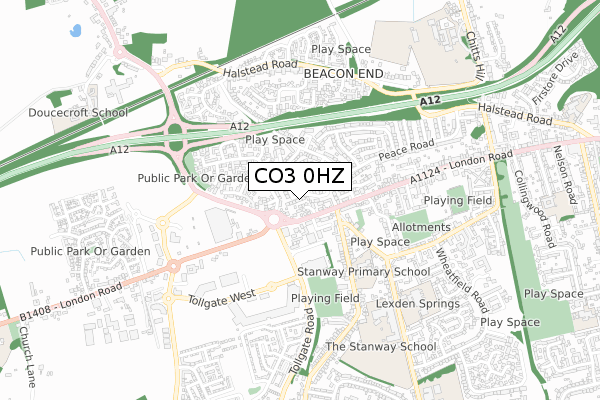 CO3 0HZ map - small scale - OS Open Zoomstack (Ordnance Survey)