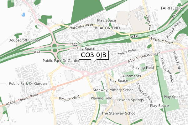 CO3 0JB map - small scale - OS Open Zoomstack (Ordnance Survey)
