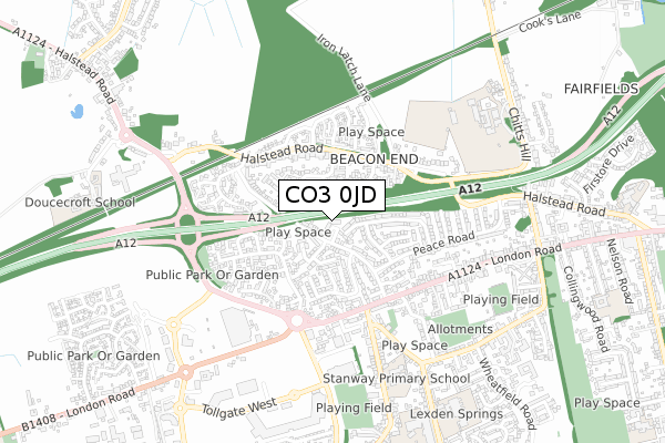 CO3 0JD map - small scale - OS Open Zoomstack (Ordnance Survey)