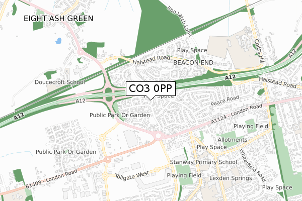 CO3 0PP map - small scale - OS Open Zoomstack (Ordnance Survey)