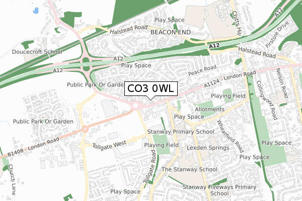 CO3 0WL map - small scale - OS Open Zoomstack (Ordnance Survey)