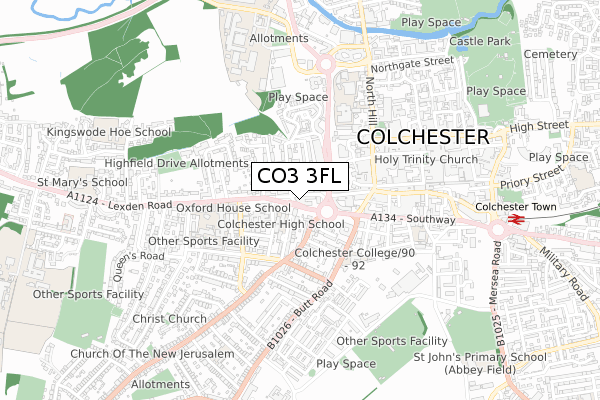 CO3 3FL map - small scale - OS Open Zoomstack (Ordnance Survey)