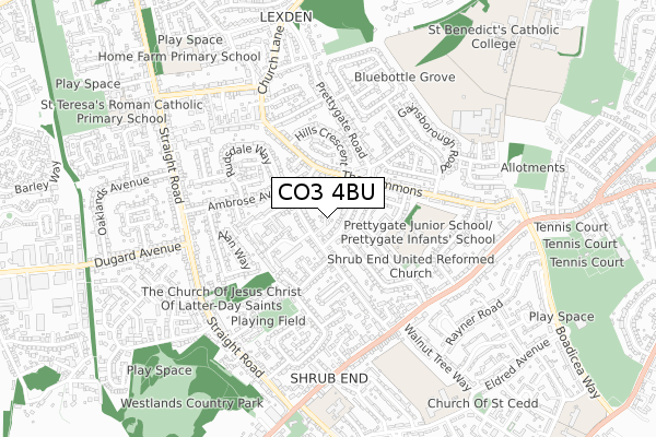 CO3 4BU map - small scale - OS Open Zoomstack (Ordnance Survey)