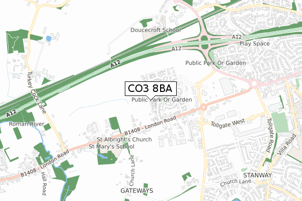 CO3 8BA map - small scale - OS Open Zoomstack (Ordnance Survey)