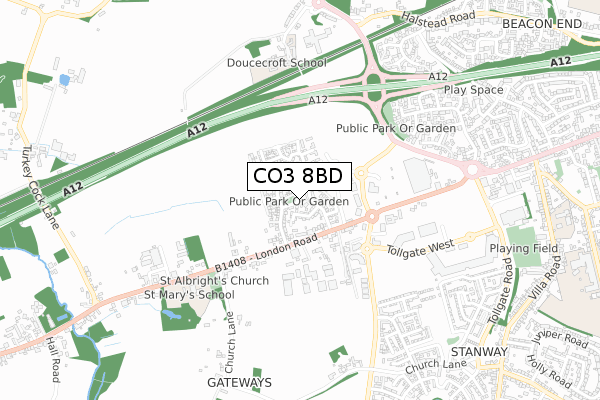 CO3 8BD map - small scale - OS Open Zoomstack (Ordnance Survey)