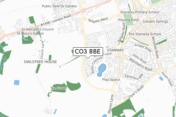 CO3 8BE map - small scale - OS Open Zoomstack (Ordnance Survey)