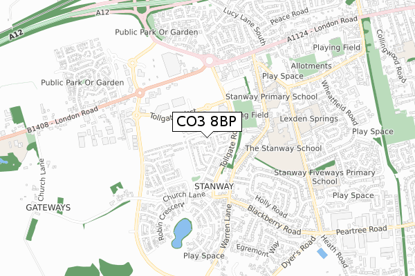 CO3 8BP map - small scale - OS Open Zoomstack (Ordnance Survey)