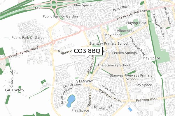 CO3 8BQ map - small scale - OS Open Zoomstack (Ordnance Survey)