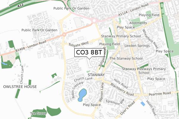 CO3 8BT map - small scale - OS Open Zoomstack (Ordnance Survey)