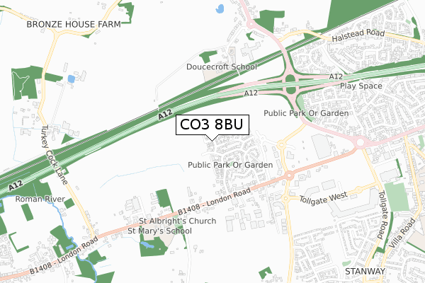 CO3 8BU map - small scale - OS Open Zoomstack (Ordnance Survey)