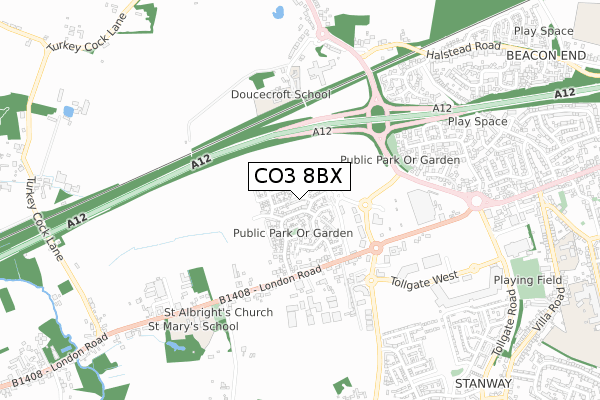 CO3 8BX map - small scale - OS Open Zoomstack (Ordnance Survey)
