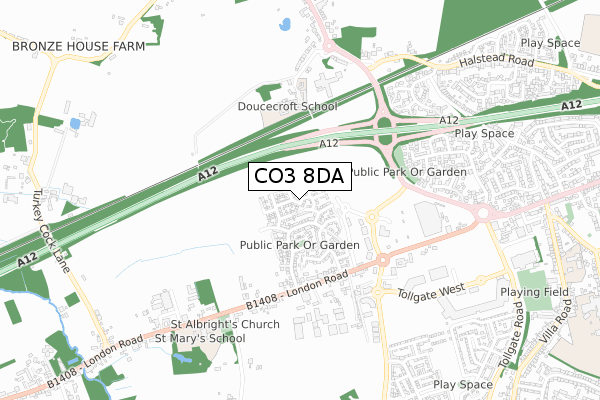 CO3 8DA map - small scale - OS Open Zoomstack (Ordnance Survey)