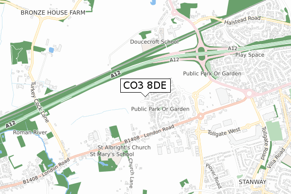 CO3 8DE map - small scale - OS Open Zoomstack (Ordnance Survey)