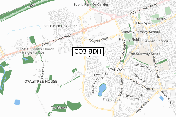 CO3 8DH map - small scale - OS Open Zoomstack (Ordnance Survey)