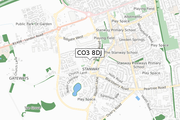CO3 8DJ map - small scale - OS Open Zoomstack (Ordnance Survey)