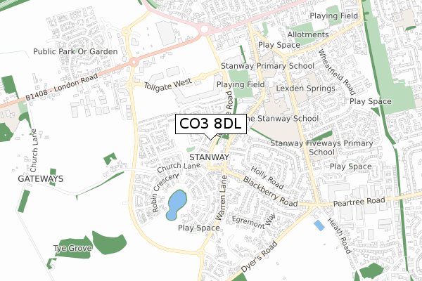 CO3 8DL map - small scale - OS Open Zoomstack (Ordnance Survey)
