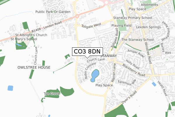 CO3 8DN map - small scale - OS Open Zoomstack (Ordnance Survey)