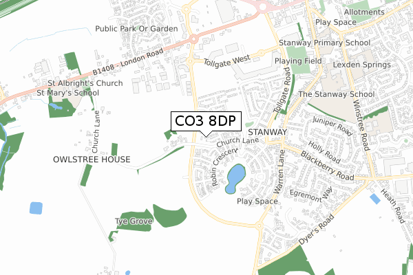 CO3 8DP map - small scale - OS Open Zoomstack (Ordnance Survey)