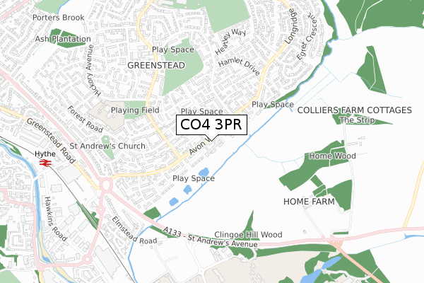 CO4 3PR map - small scale - OS Open Zoomstack (Ordnance Survey)