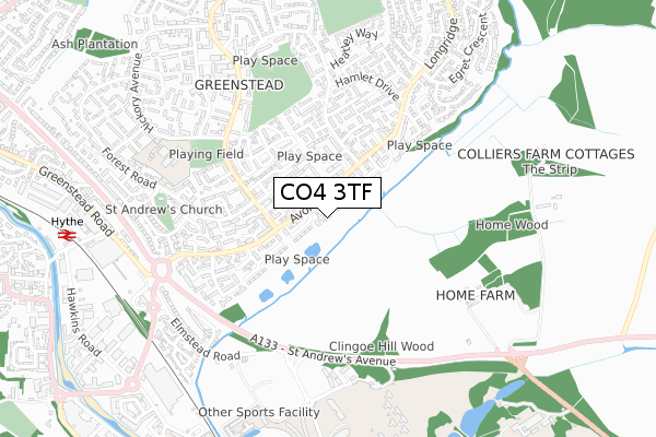 CO4 3TF map - small scale - OS Open Zoomstack (Ordnance Survey)