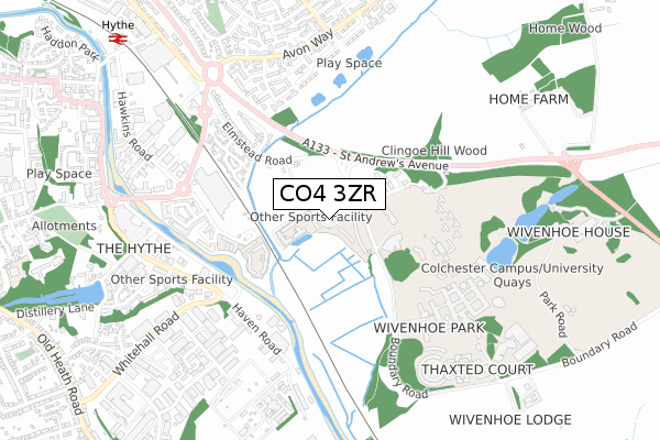 CO4 3ZR map - small scale - OS Open Zoomstack (Ordnance Survey)